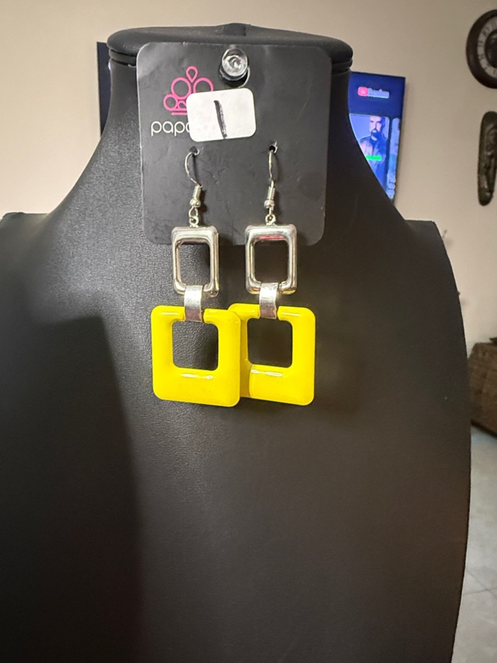 paparazzi Bright Yellow Square Drop Earrings with Silver Accents